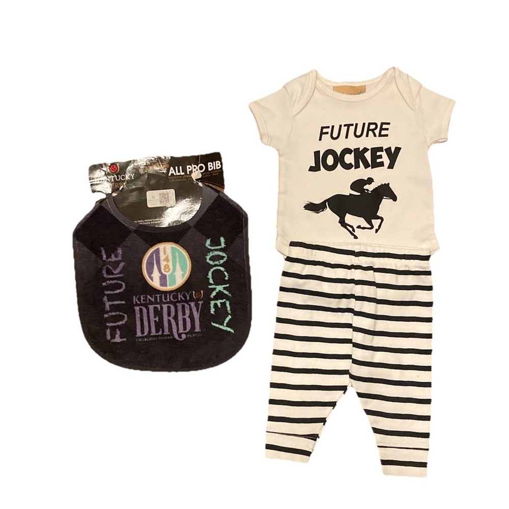 Future Jockey Set One piece Pants And KY Derby Bib Shower Gift 0-3M Horseracing